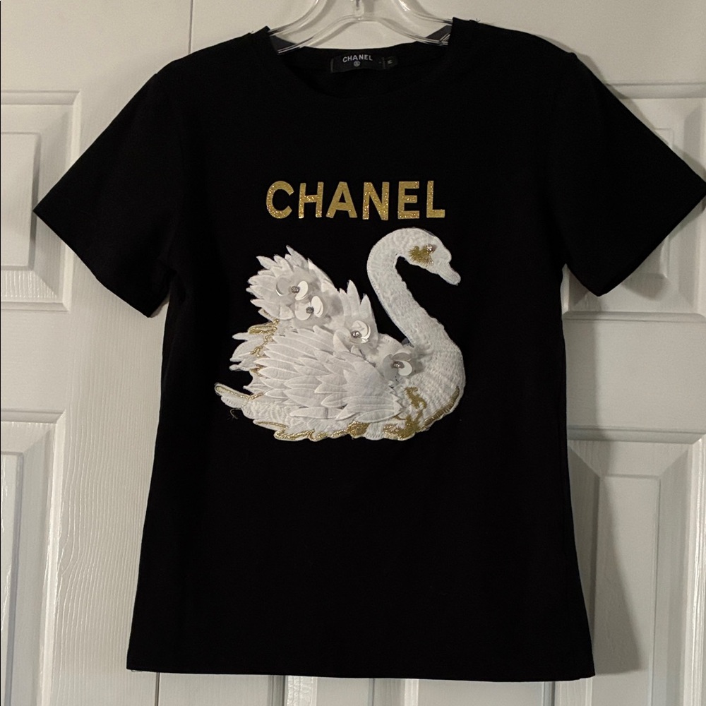 Chanel Kids Black Tee with Elegant Swan